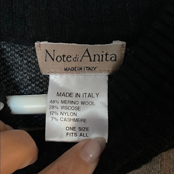 Note di Anita Women’s One Size Wool Cashmere Blend Chic Black Tan Poncho - Picture 3 of 6